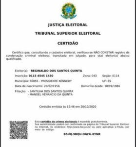 Certidão negativa de Reginaldo Quinta no TSE